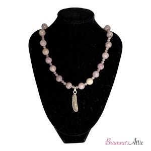 Vintage Purple Beaded Necklace for Women with Brass Feather Charm Jewelry 18"